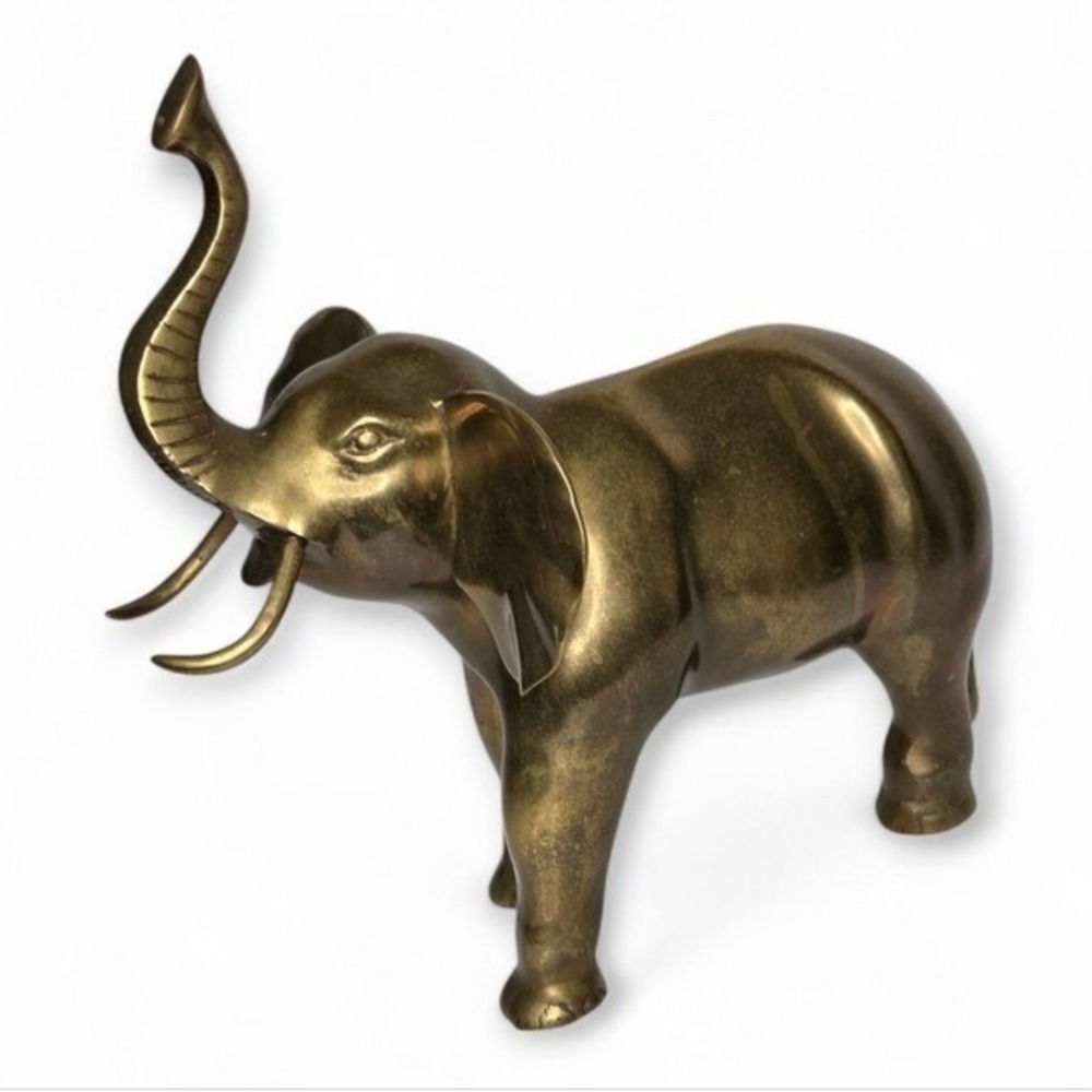 Vintage Mid Century Solid Brass Elephant Figurine Trunks Up Good Luck Decor 13" - Picture 1 of 11